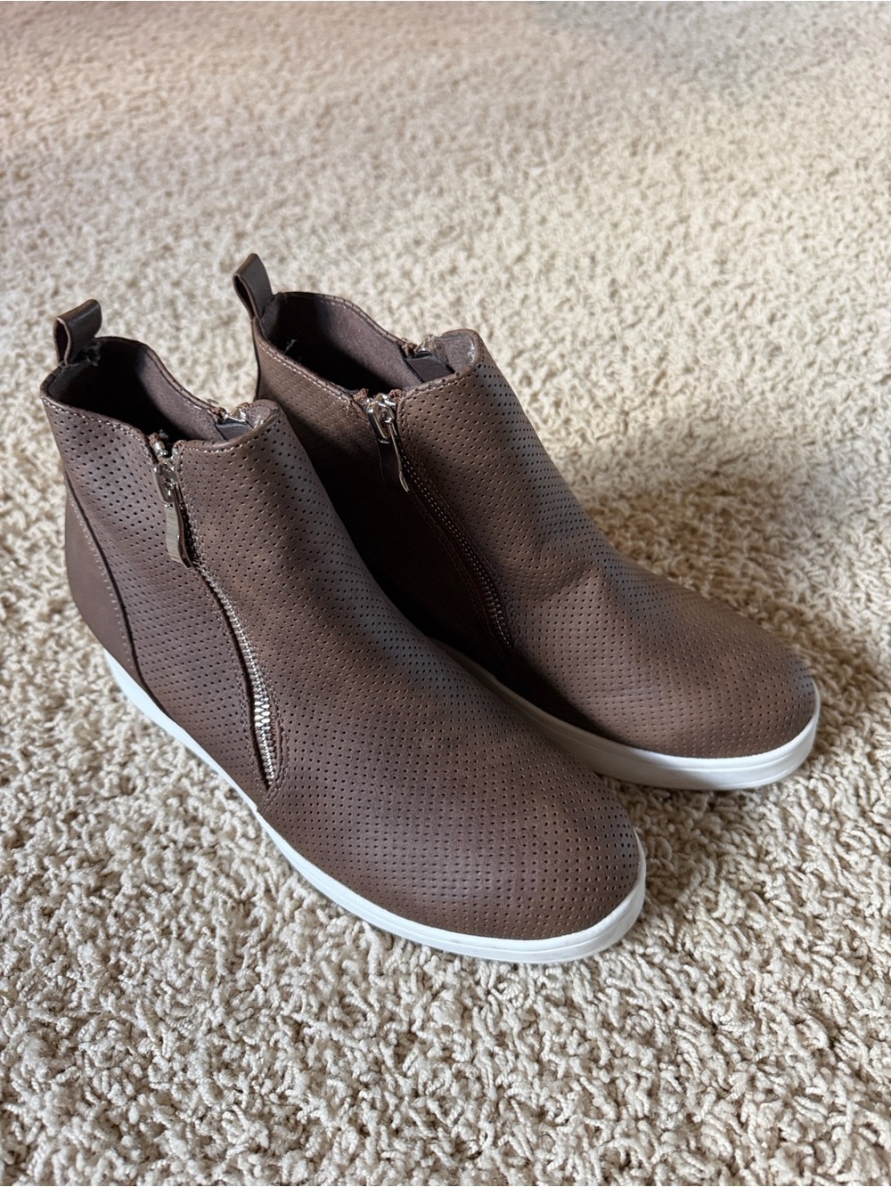 Journee Collection Brown Perforated Wedge Zip Booties